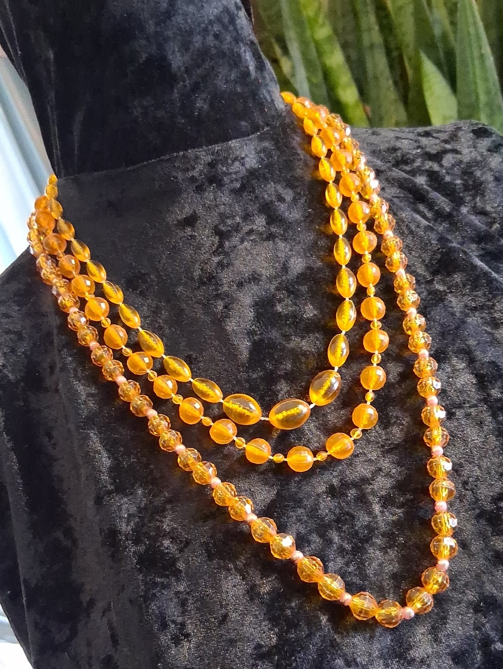 3 Vintage  Amber Yellow -Colored Multi-Strand Bead Necklace - Women Jewelry